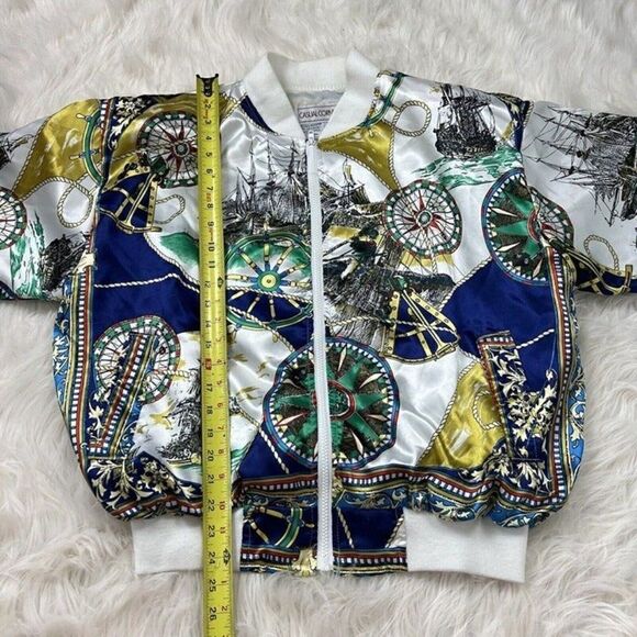 Casual Corner Vintage 80s Womens Satin Nautical Map Zip Up Bomber Jacket OS - Picture 6 of 11